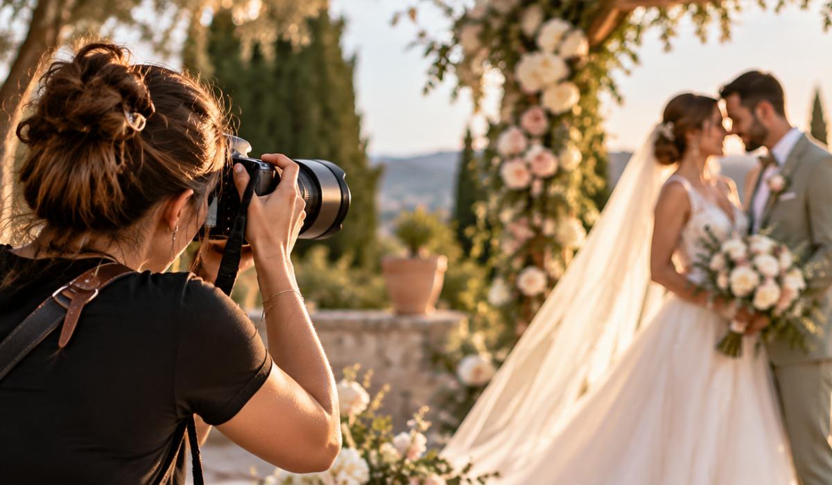 Une photographe saisit un couple sous une arche fleurie