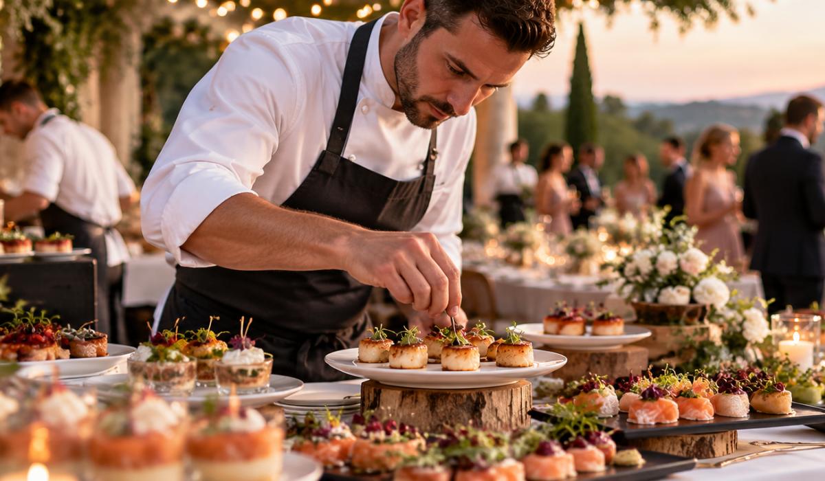 Un chef dresse les bouchées du cocktail