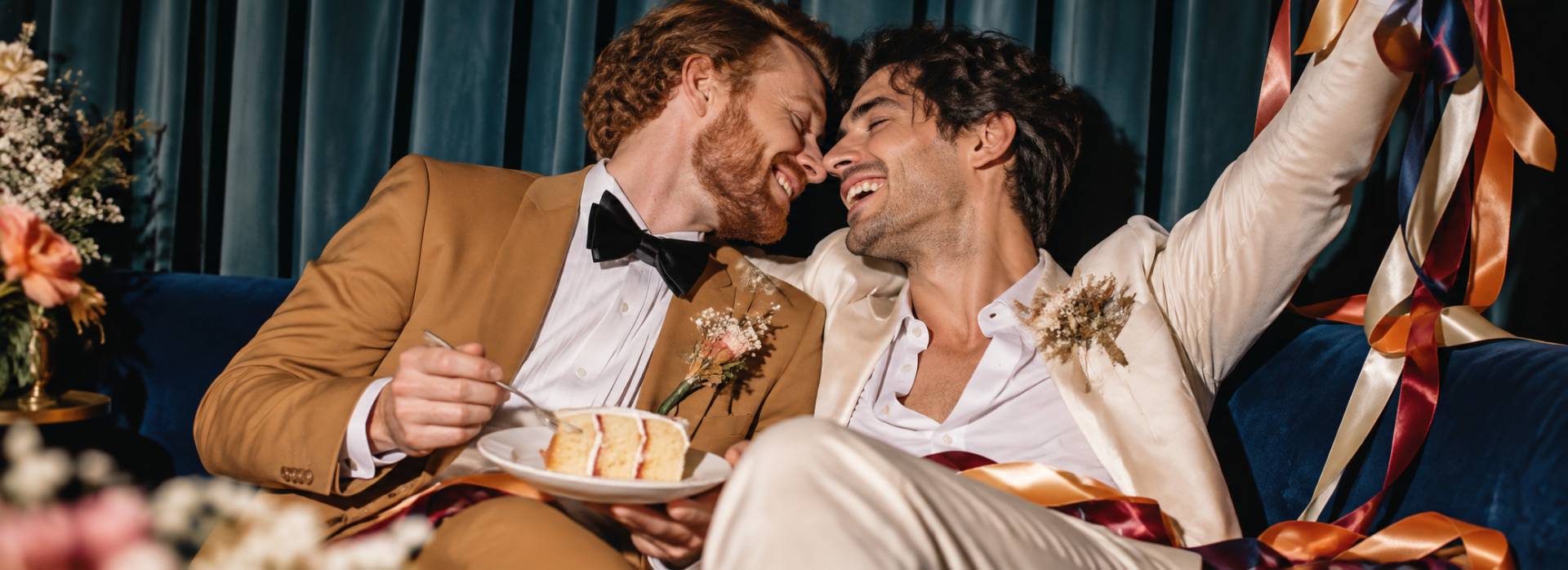 Deux mariés rient, une part de gâteau à la main